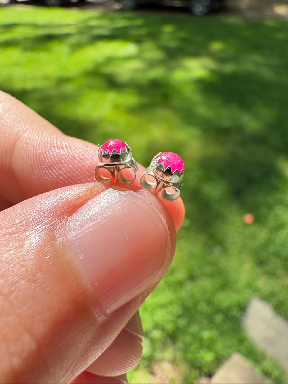 Artisan Sterling Silver Deep Pink Cabochon Raw Ruby Stud Earrings